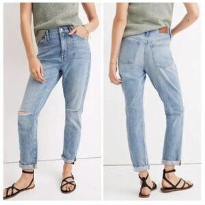 MADEWELL The High Rise Slim Boyjean Elkhart Wash Stretch Denim Distressed Thrash
